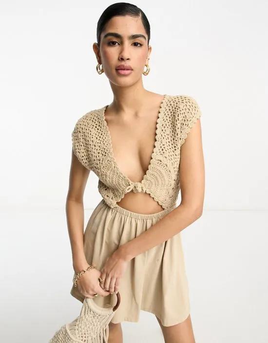 crochet mix mini dress with tie detail in burnt sand
