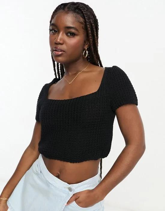 crochet square neck crop top in black