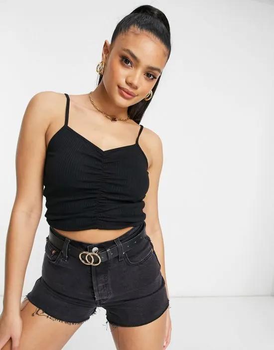 crop cami with ruched front in rib in black