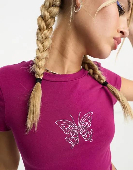 cropped diamante butterfly T-shirt in pink