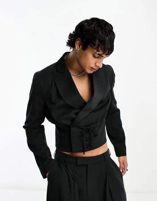 cropped lace up suit jacket in black