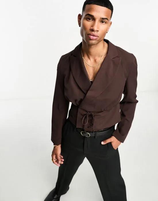cropped lace up suit jacket in brown