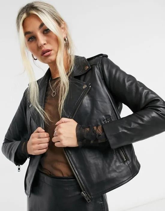 cropped leather biker jacket in black