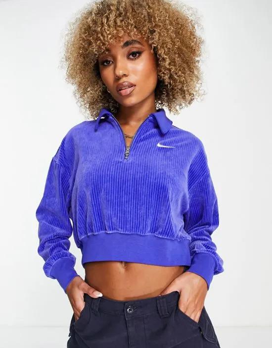 cropped velour quarter zip sweatshirt in blue