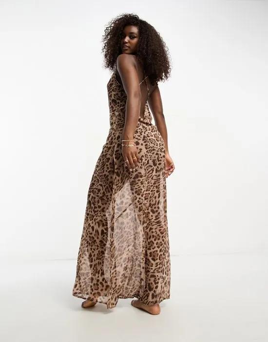 cross back cowl neck maxi beach dress in leopard print