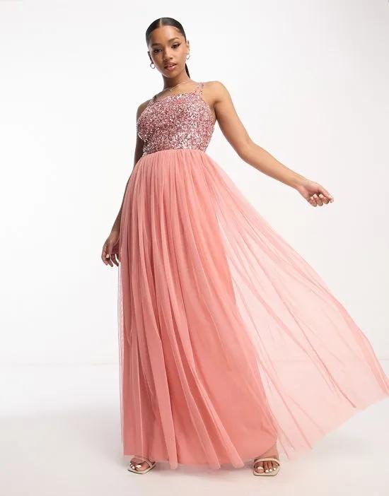 cross back delicate sequin maxi dress in pink
