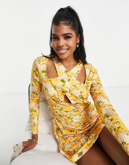 cross-over detail mesh mini dress in yellow floral