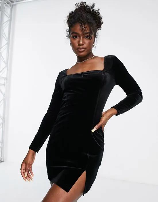 crushed velvet mini dress in black