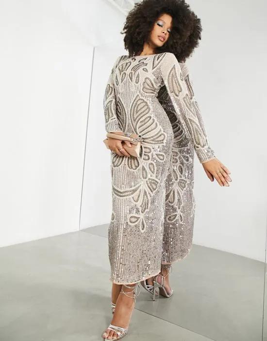 crystal sequin placement body-conscious midi dress in blush
