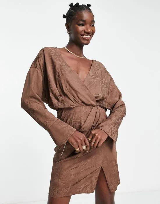 cuffed long sleeved satin mini dress with pleat detail skirt in chocolate