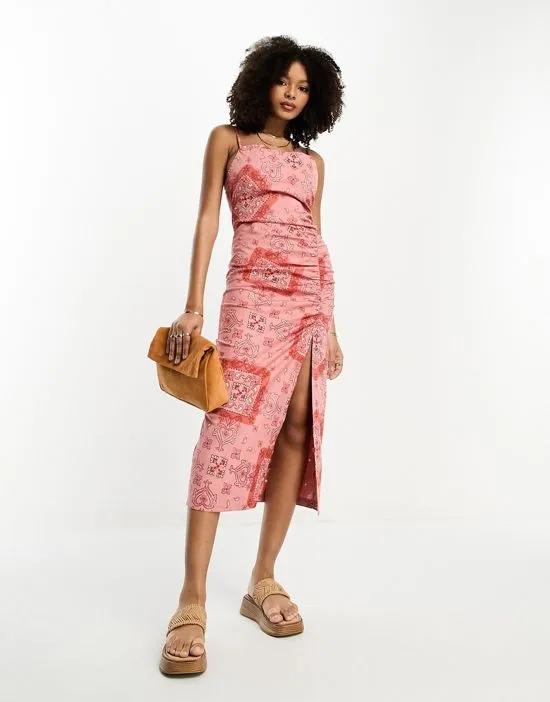 cupped cowl midi sundress with ruching detail in bandana print