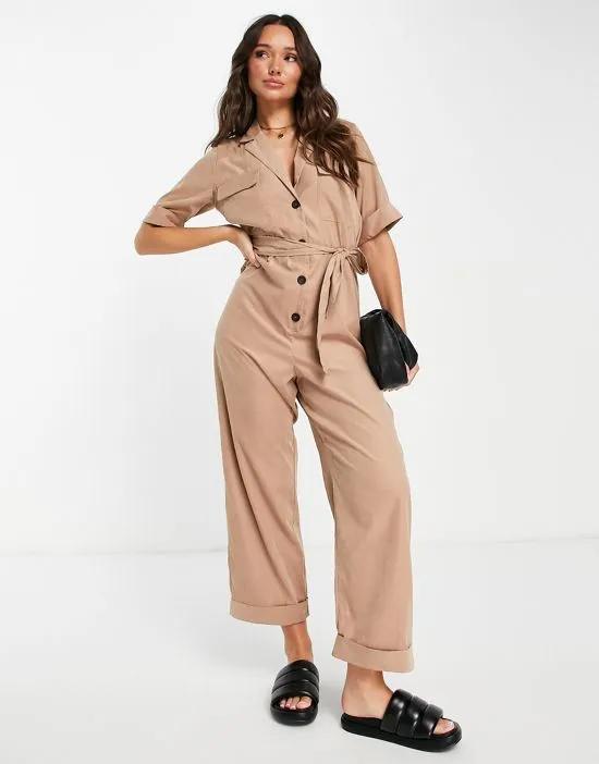 cupro short sleeve pocket belted jumpsuit in stone