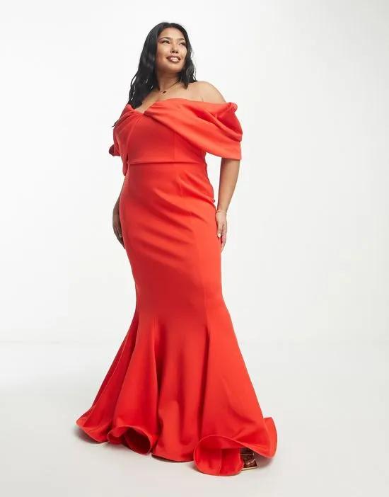 Curve extreme drape sleeve wide hem maxi dress in red