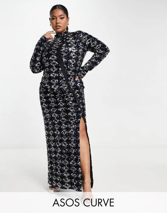 Curve high neck all over sequin maxi dress in midnight blue sequin