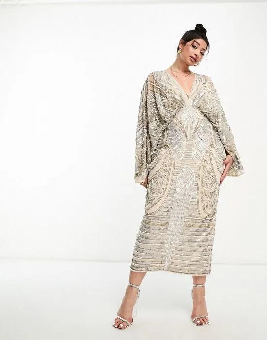 Curve kimono sleeve midi dress with sequin & pearl embellishment in pale gray