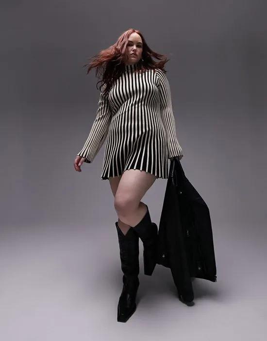 Curve knitted stripe long sleeve mini dress in monochrome