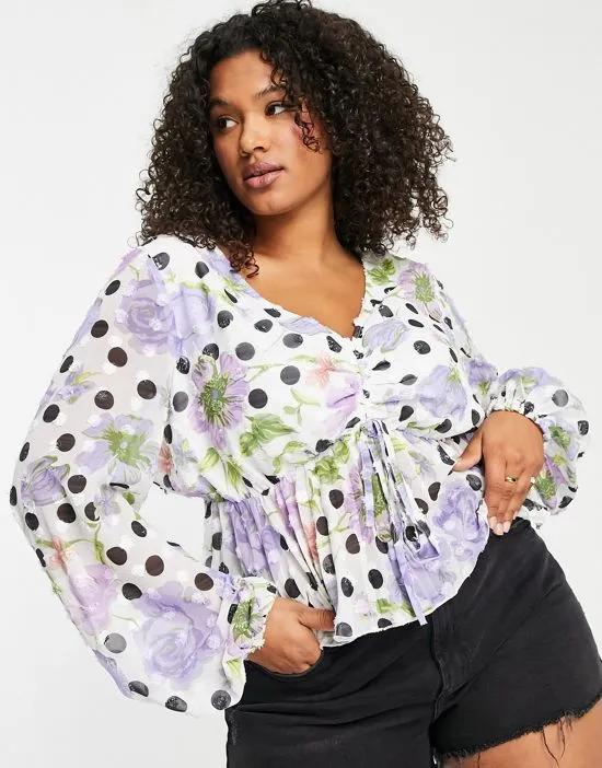 Curve long sleeve ruched front blouse with pleated peplum hem in floral & spot