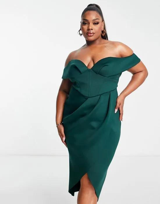 Curve off shoulder corset midi wrap skirt dress in forest green