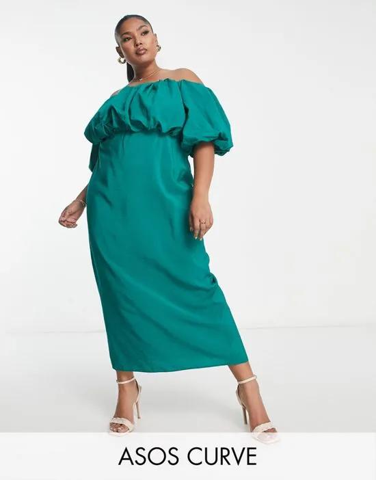 Curve off-the-shoulder puff detail midi dress in green