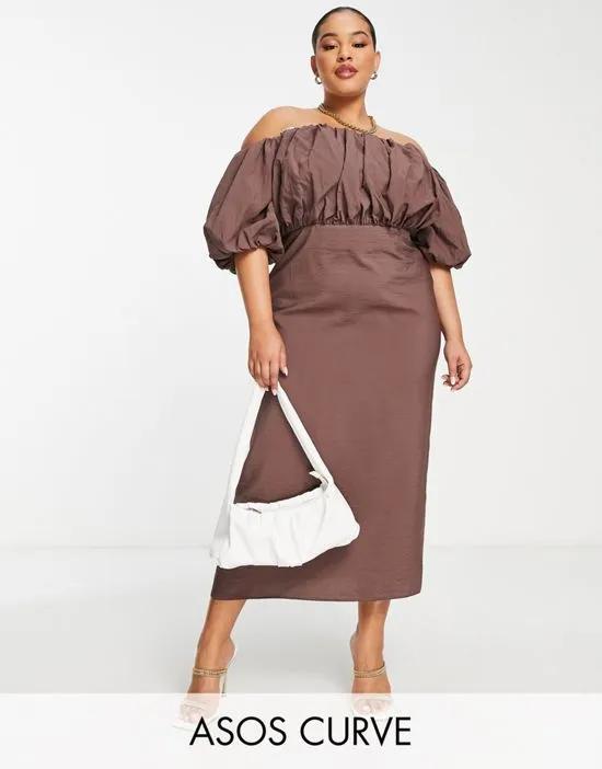 Curve off-the-shoulder puff detail midi dress in taupe