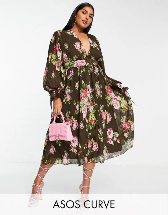 Curve pleated blouson sleeve midi dress with belt detail in floral print