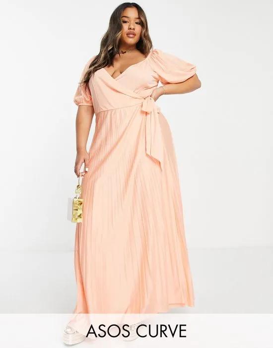 Curve puff sleeve gathered front maxi dress in apricot - ORANGE