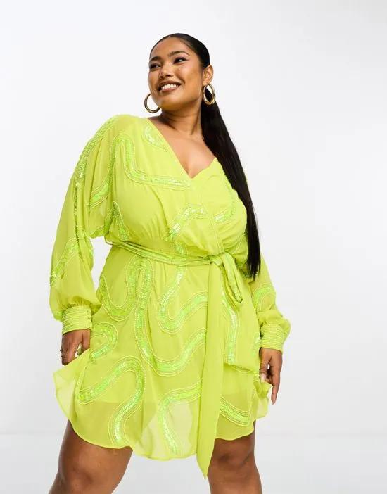 Curve rouleaux loop tie waist mini dress with swirl embellishment in lime