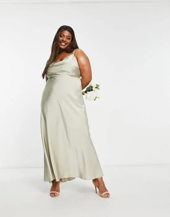 Curve satin cowl neck maxi dress with full skirt in sage green