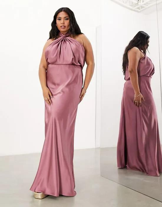 Curve satin ruched halter neck maxi dress in orchid