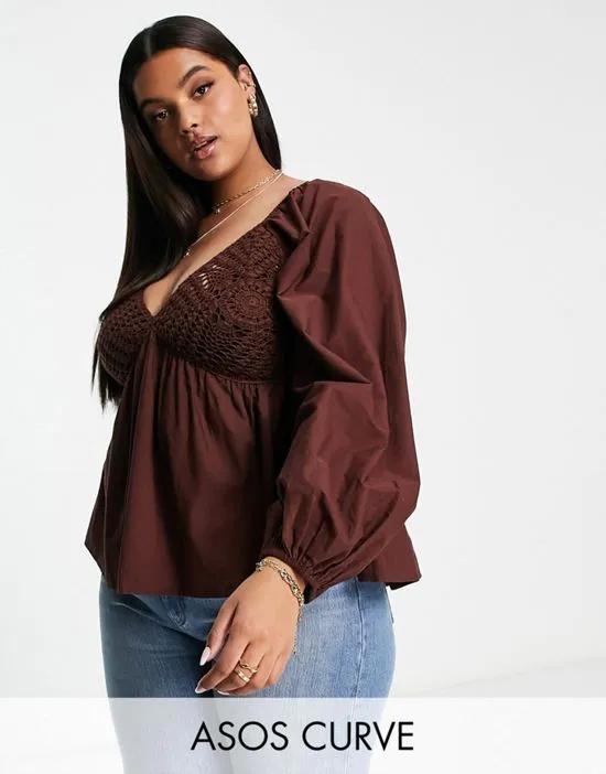Curve v neck crochet top with frill sleeve and peplum hem in chocolate