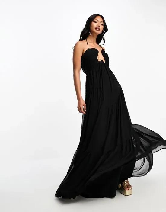 curved bar neckline tiered maxi dress in black