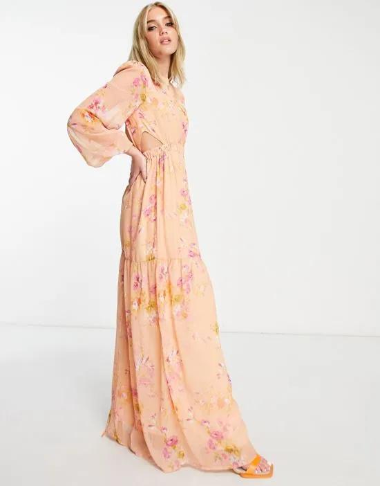 cut-out balloon sleeve maxi dress in peach and ochre floral