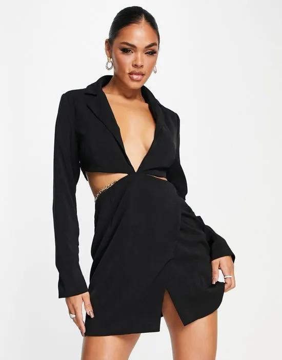cut out blazer dress with chain detail waist in black