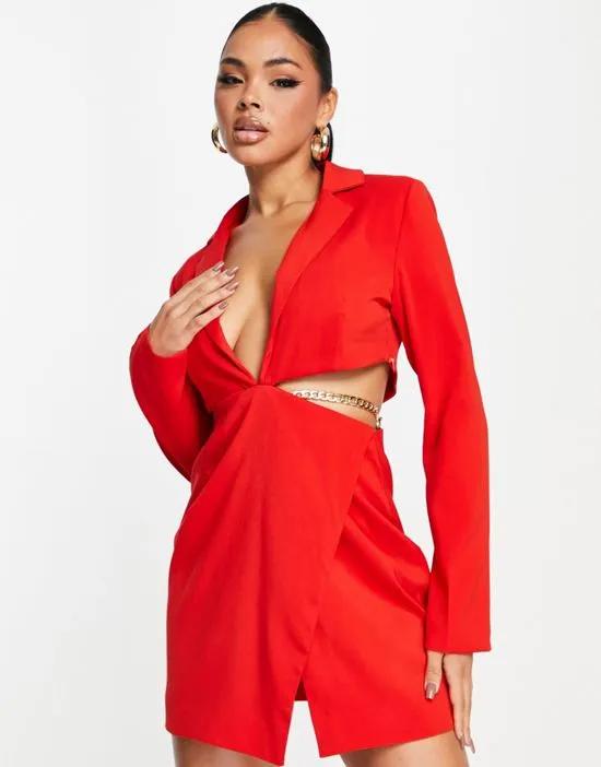 cut out blazer dress with chain detail waist in red