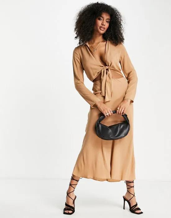 cut out midi shirt dress with knot front detail in beige