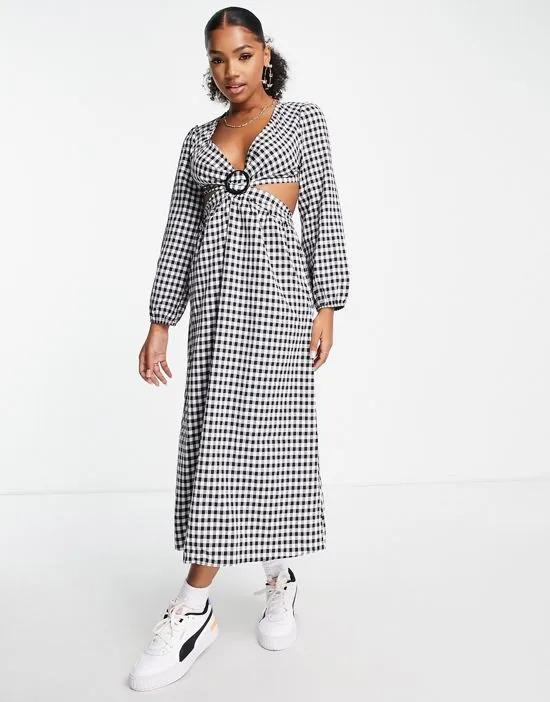 cut out ring detail midi dress in mono gingham
