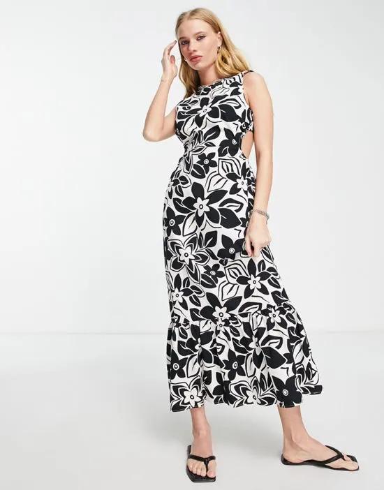 cut out side and back large floral midi dress in mono