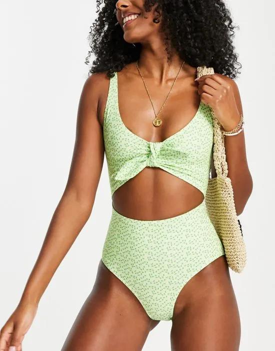 cut out swimsuit in green floral - LGREEN