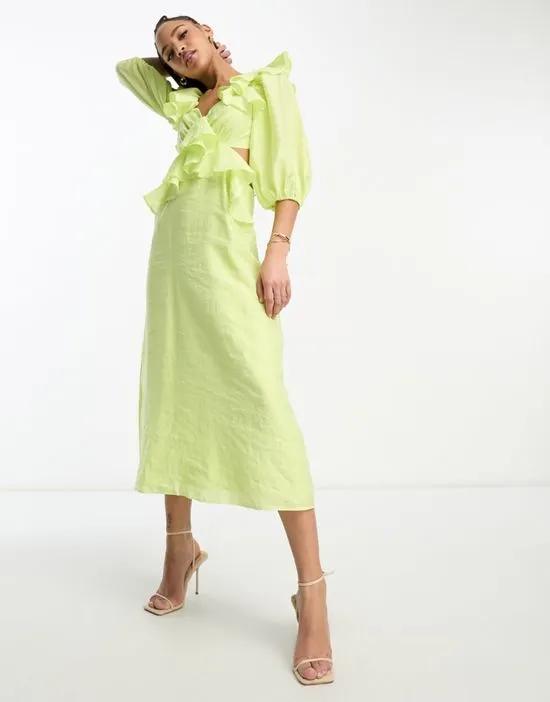 Dani puff sleeve cut-out midaxi dress in lime