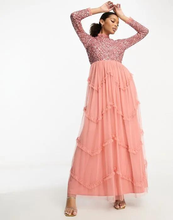 delicate sequin long sleeve ruffle skirt maxi dress in terracotta pink