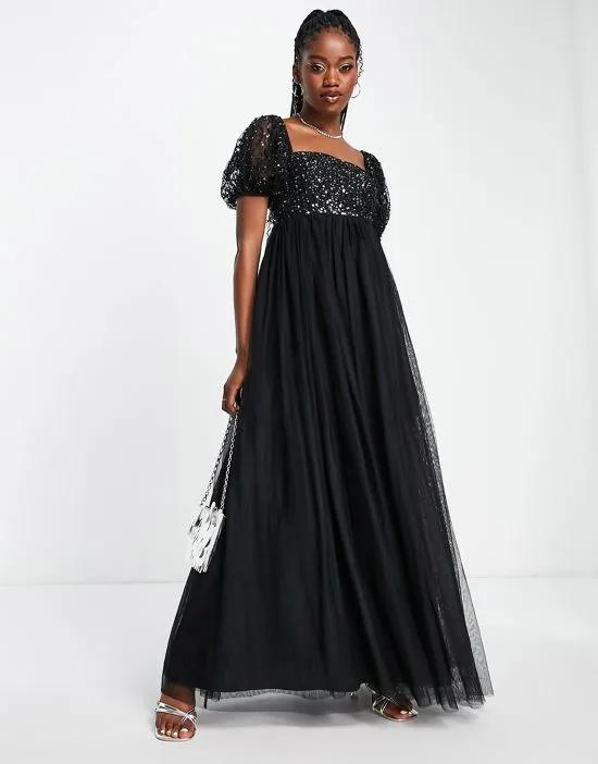 delicate sequin puff sleeve babydoll maxi dress in black
