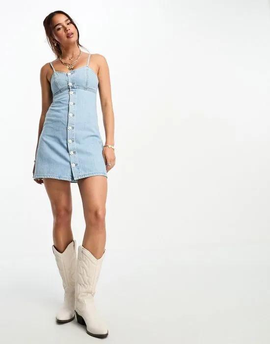 denim cami mini dress with daisy buttons in blue