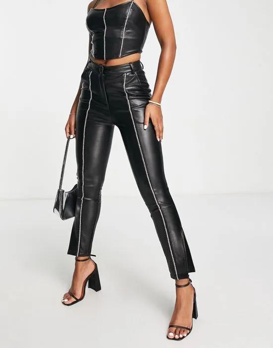 diamonte trim faux leather skinny pants in black