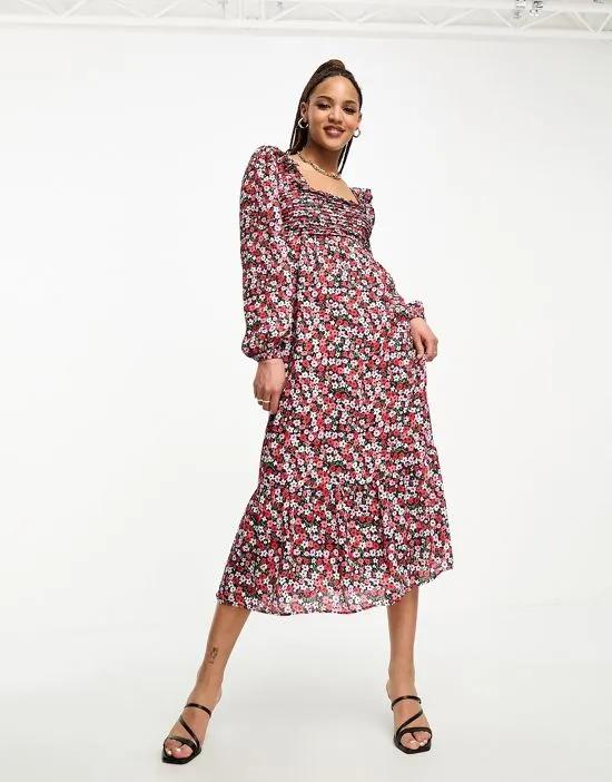 disty floral shirred bust boho maxi dress in multi