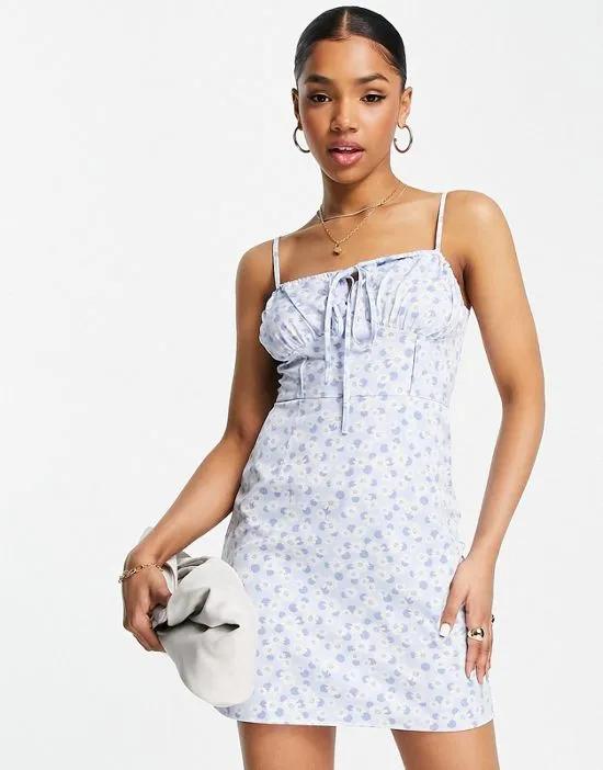 ditsy ruched bust cami dress in pale blue