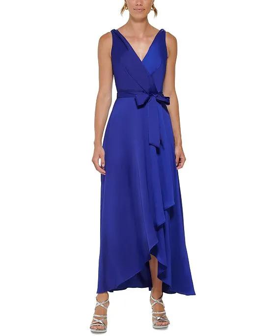 DKNY Women's Satin V-Neck Belted Faux-Wrap Gown