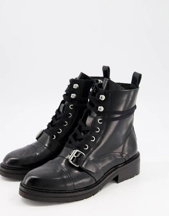 Donita leather lace up hiking boot with buckle in black