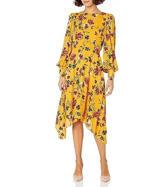 Donna Morgan Women's Plus Size Long Sleeve Georgette Asymmetrical Hem Dress