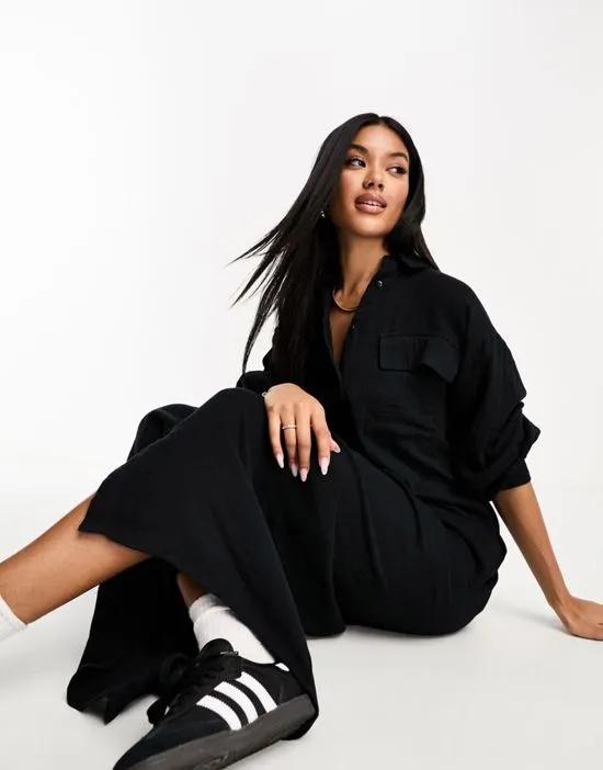 double cloth oversized maxi shirt dress in black