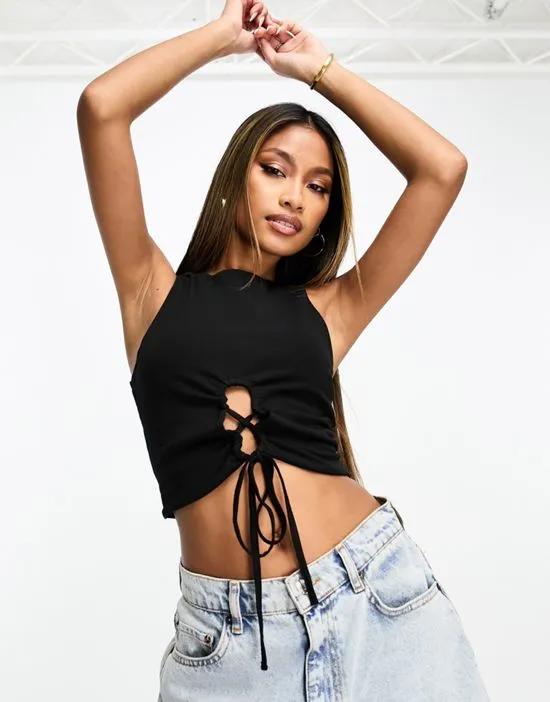 double layer lace-up sleeveless tank top in black